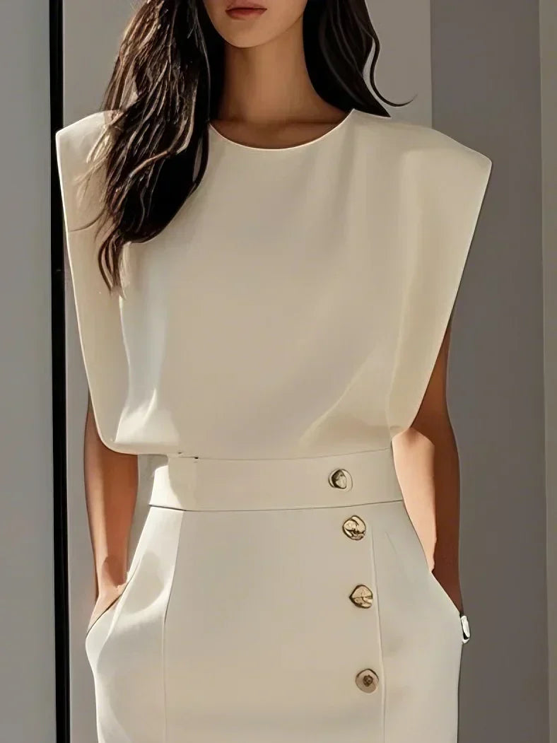 Ellery Canberra™ | Marlene™ - Solid Midi Dress with Button Slit and Round Neckline