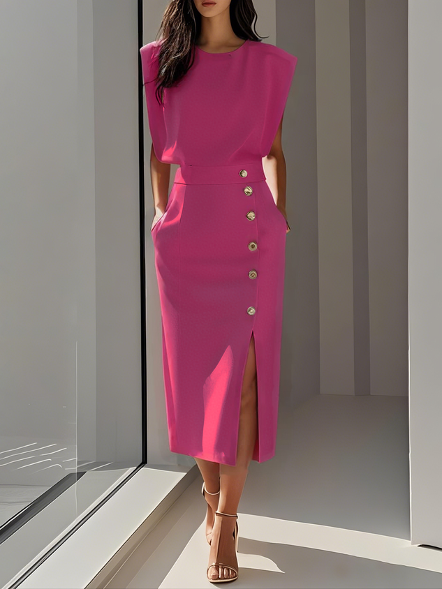 Ellery Canberra™ | Marlene™ - Solid Midi Dress with Button Slit and Round Neckline