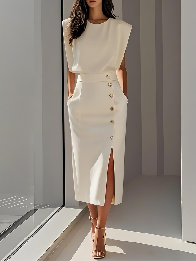 Ellery Canberra™ | Marlene™ - Solid Midi Dress with Button Slit and Round Neckline