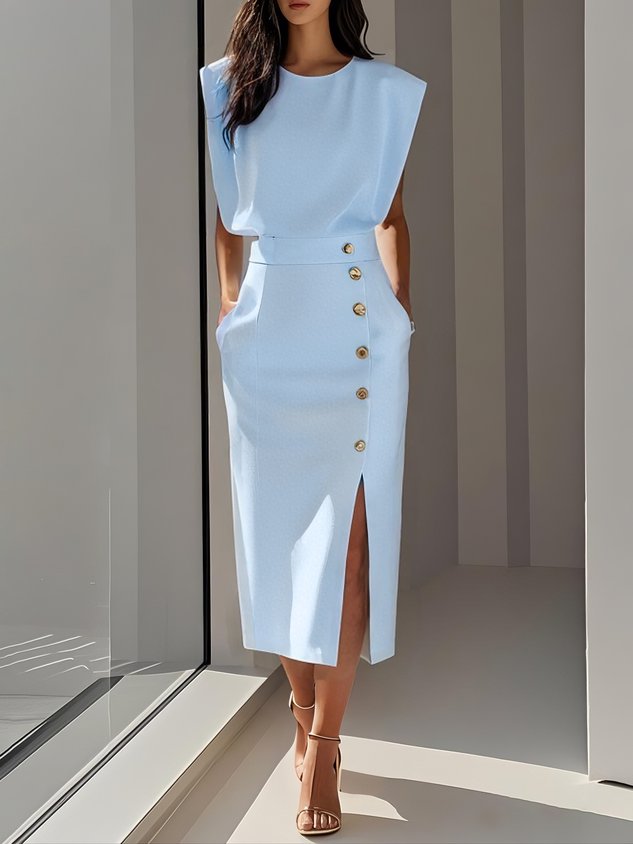 Ellery Canberra™ | Marlene™ - Solid Midi Dress with Button Slit and Round Neckline