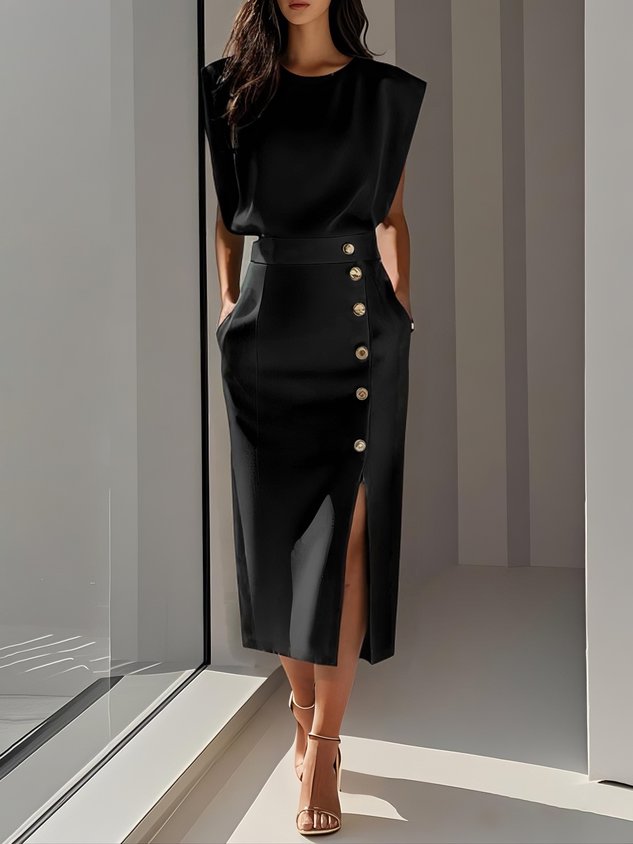 Ellery Canberra™ | Marlene™ - Solid Midi Dress with Button Slit and Round Neckline