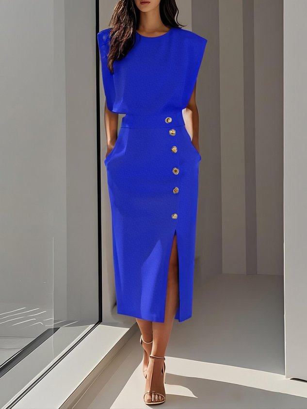 Ellery Canberra™ | Marlene™ - Solid Midi Dress with Button Slit and Round Neckline