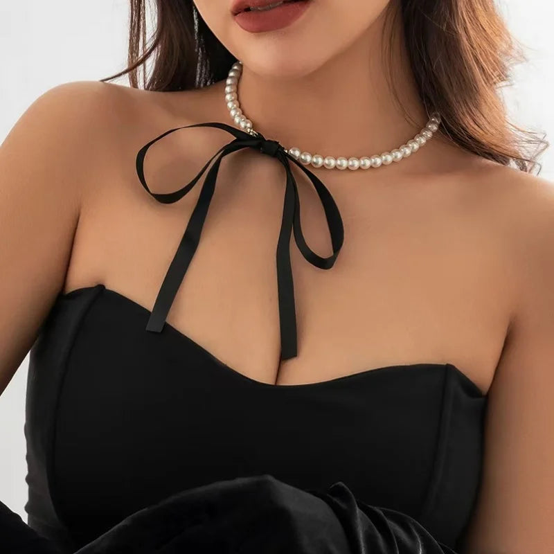 Ellery Canberra™ - Lynn | Wedding Party White Imitation Pearl Choker Necklace Fashion Bow Tie Long Ribbon Necklace Personality Simple Jewelry
