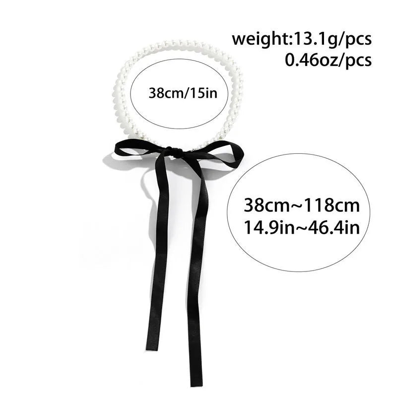 Ellery Canberra™ - Lynn | Wedding Party White Imitation Pearl Choker Necklace Fashion Bow Tie Long Ribbon Necklace Personality Simple Jewelry