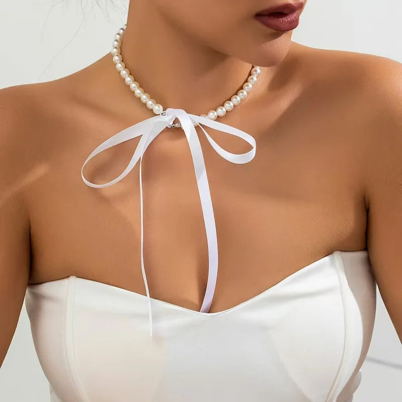 Ellery Canberra™ - Lynn | Wedding Party White Imitation Pearl Choker Necklace Fashion Bow Tie Long Ribbon Necklace Personality Simple Jewelry
