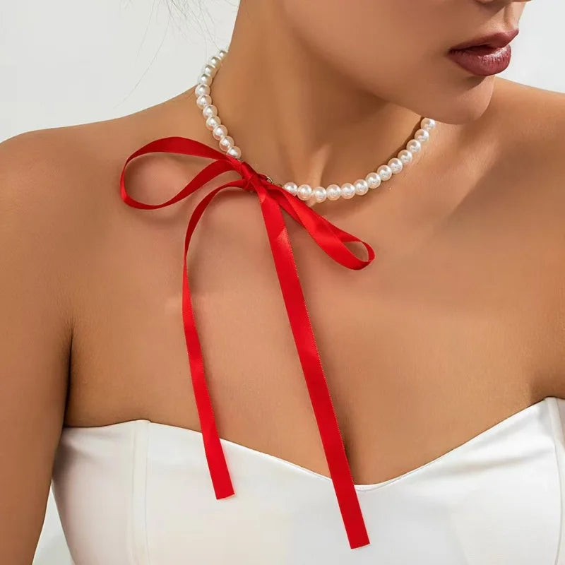 Ellery Canberra™ - Lynn | Wedding Party White Imitation Pearl Choker Necklace Fashion Bow Tie Long Ribbon Necklace Personality Simple Jewelry