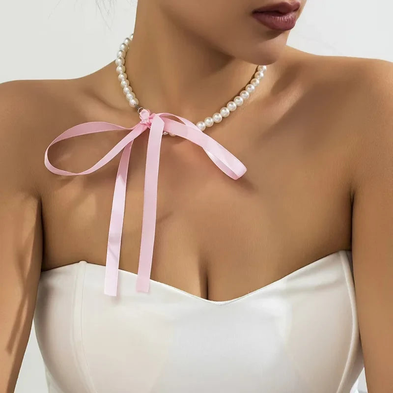 Ellery Canberra™ - Lynn | Wedding Party White Imitation Pearl Choker Necklace Fashion Bow Tie Long Ribbon Necklace Personality Simple Jewelry
