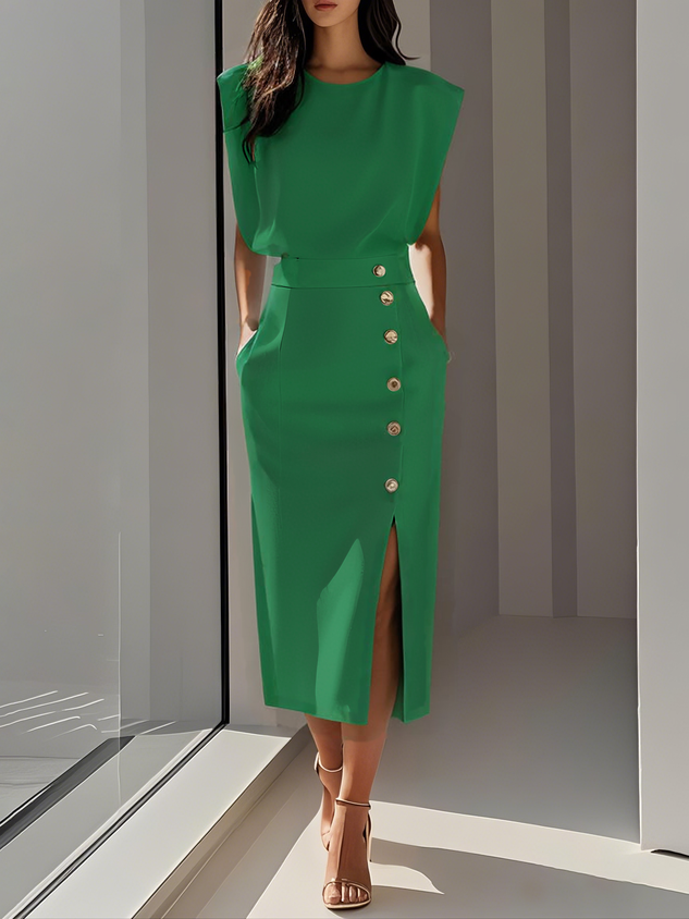 Ellery Canberra™ | Marlene™ - Solid Midi Dress with Button Slit and Round Neckline