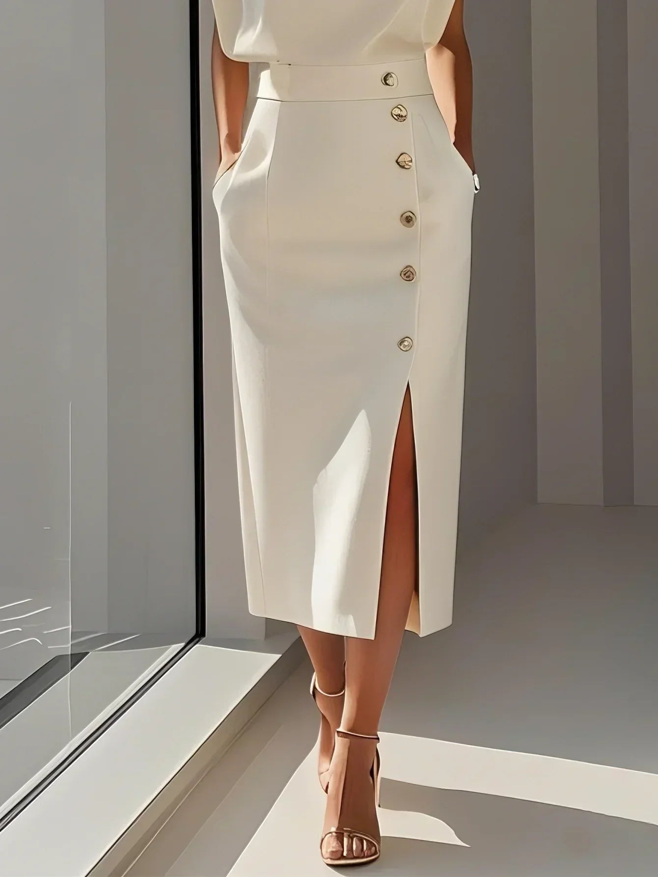 Ellery Canberra™ | Marlene™ - Solid Midi Dress with Button Slit and Round Neckline