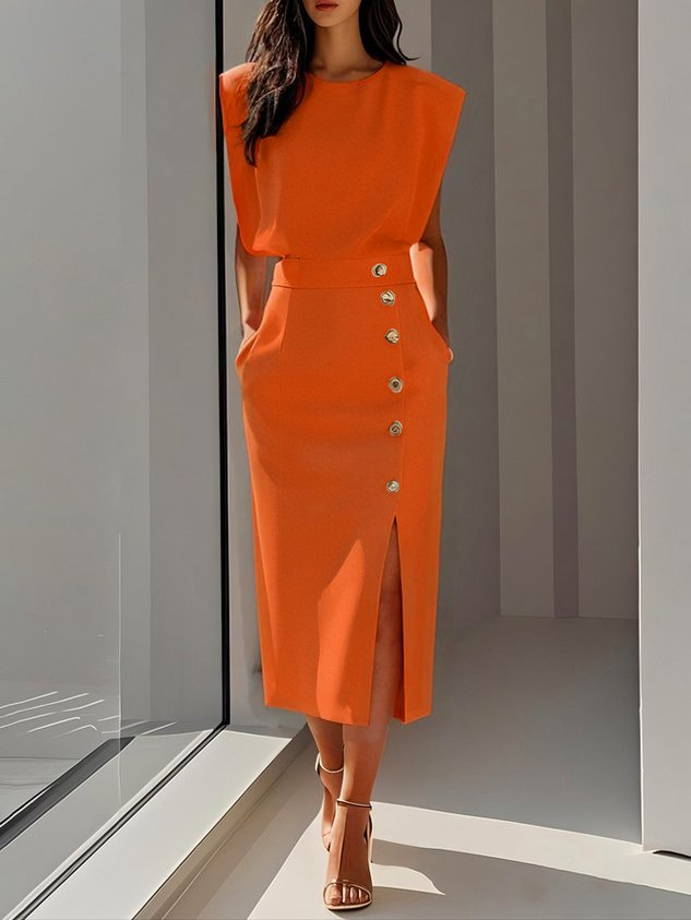 Ellery Canberra™ | Marlene™ - Solid Midi Dress with Button Slit and Round Neckline