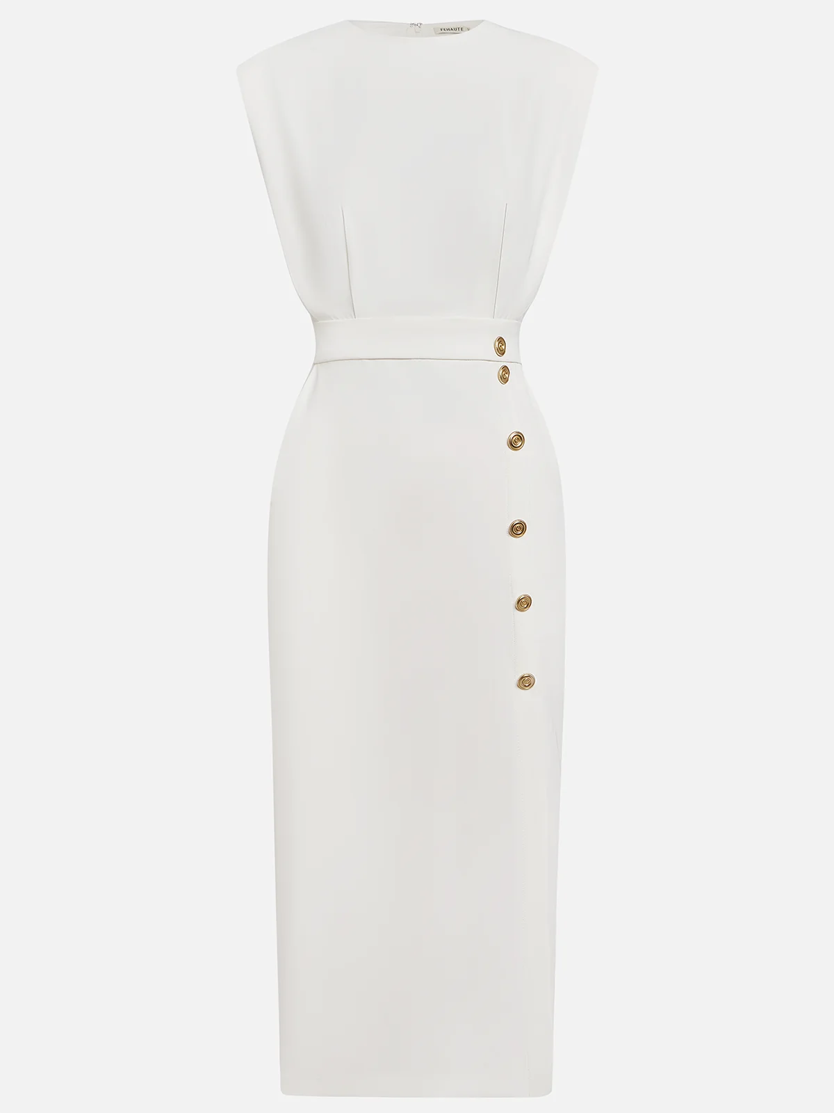 Ellery Canberra™ | Marlene™ - Solid Midi Dress with Button Slit and Round Neckline