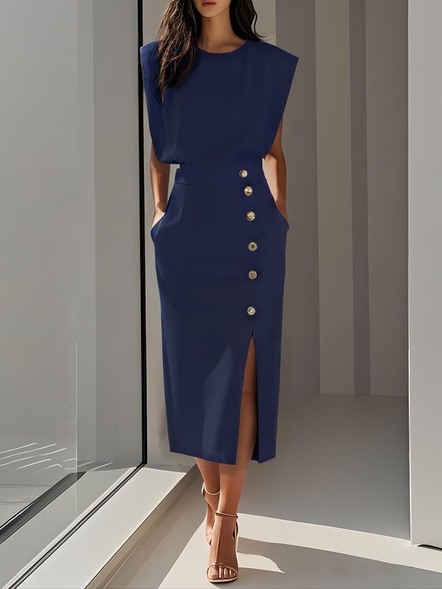 Ellery Canberra™ | Marlene™ - Solid Midi Dress with Button Slit and Round Neckline